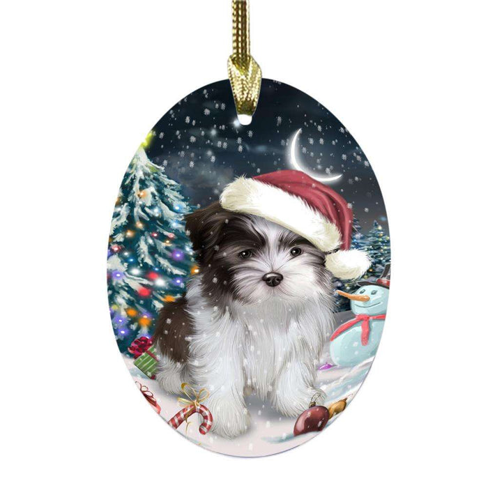 Have a Holly Jolly Christmas Happy Holidays Malti Tzu Dog Oval Glass Christmas Ornament OGOR48311