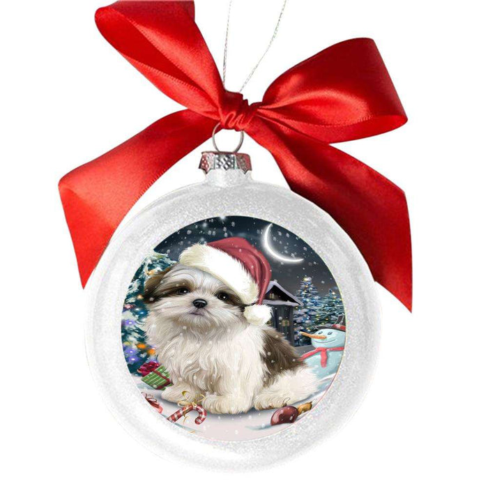 Have a Holly Jolly Christmas Happy Holidays Malti Tzu Dog White Round Ball Christmas Ornament WBSOR48309