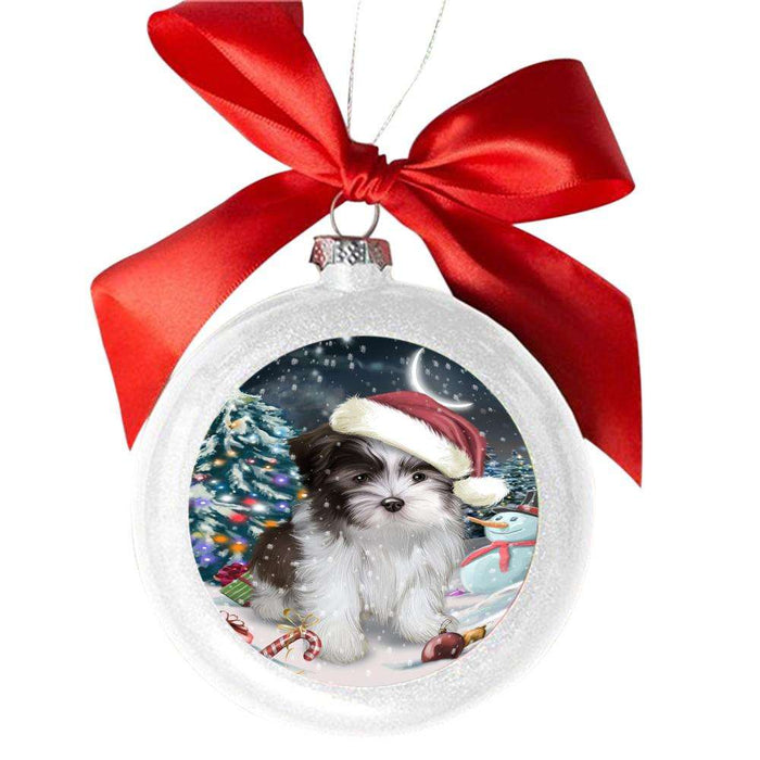 Have a Holly Jolly Christmas Happy Holidays Malti Tzu Dog White Round Ball Christmas Ornament WBSOR48311