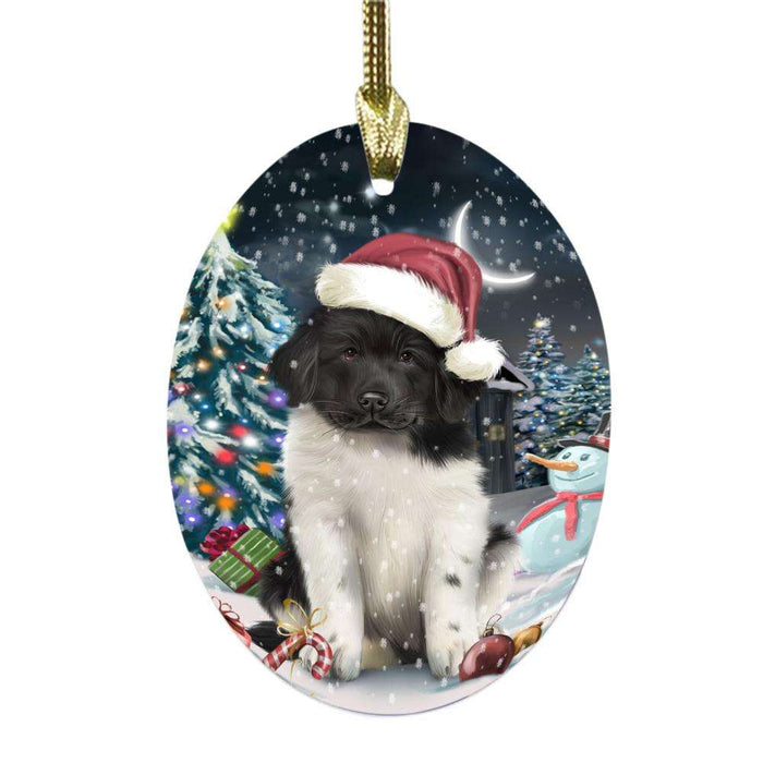 Have a Holly Jolly Christmas Happy Holidays Newfoundland Dog Oval Glass Christmas Ornament OGOR48326