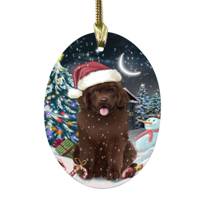 Have a Holly Jolly Christmas Happy Holidays Newfoundland Dog Oval Glass Christmas Ornament OGOR48327