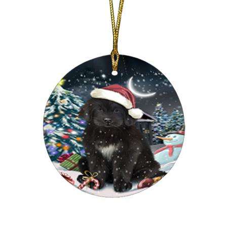 Have a Holly Jolly Christmas Happy Holidays Newfoundland Dog Round Flat Christmas Ornament RFPOR54232