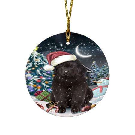 Have a Holly Jolly Christmas Happy Holidays Newfoundland Dog Round Flat Christmas Ornament RFPOR54233