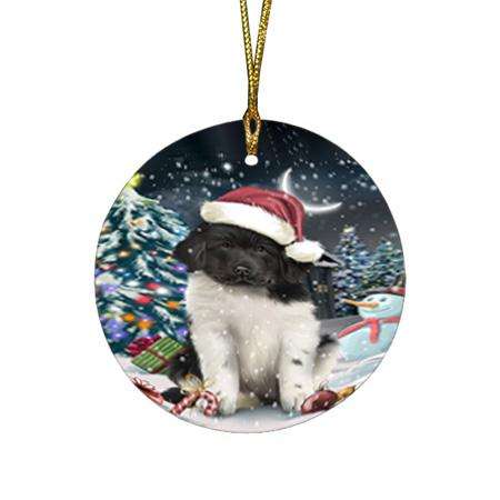 Have a Holly Jolly Christmas Happy Holidays Newfoundland Dog Round Flat Christmas Ornament RFPOR54234
