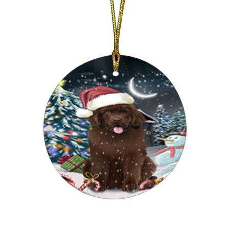Have a Holly Jolly Christmas Happy Holidays Newfoundland Dog Round Flat Christmas Ornament RFPOR54235