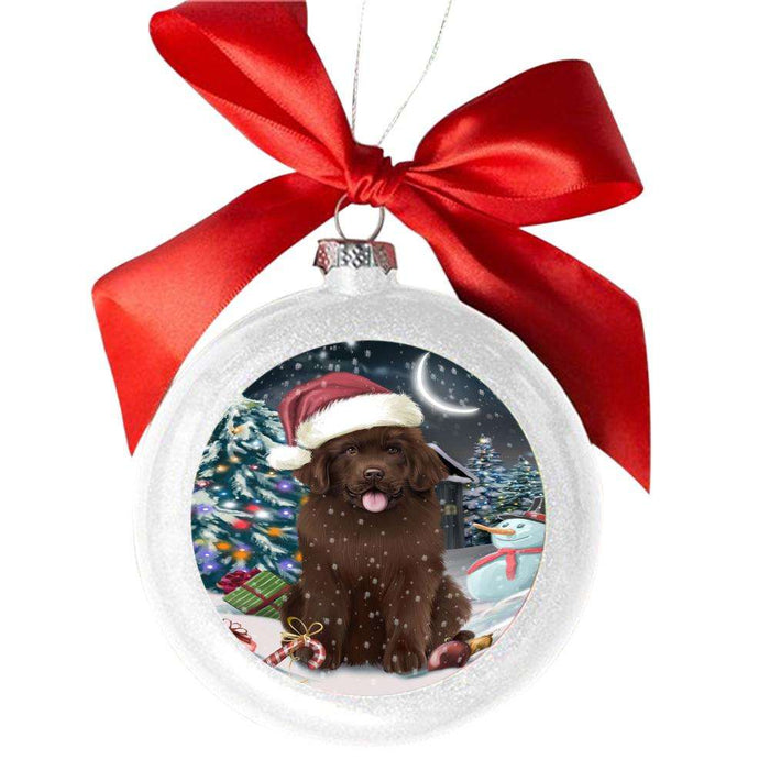 Have a Holly Jolly Christmas Happy Holidays Newfoundland Dog White Round Ball Christmas Ornament WBSOR48327