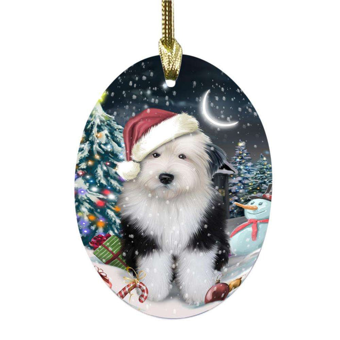 Have a Holly Jolly Christmas Happy Holidays Old English Sheepdog Oval Glass Christmas Ornament OGOR48176