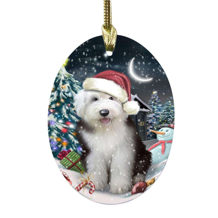 Have a Holly Jolly Christmas Happy Holidays Old English Sheepdog Oval Glass Christmas Ornament OGOR48177