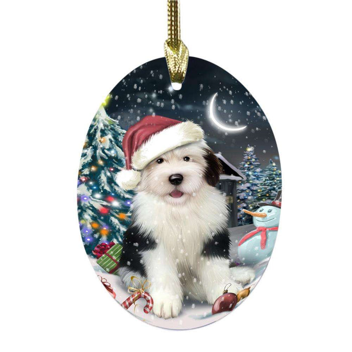 Have a Holly Jolly Christmas Happy Holidays Old English Sheepdog Oval Glass Christmas Ornament OGOR48178
