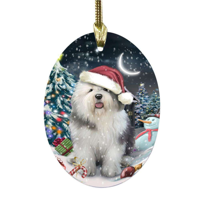 Have a Holly Jolly Christmas Happy Holidays Old English Sheepdog Oval Glass Christmas Ornament OGOR48179