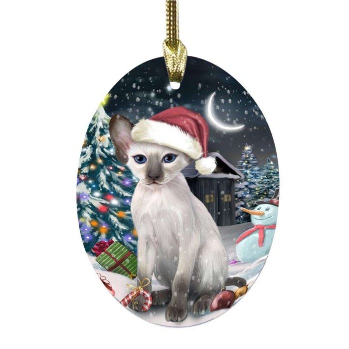 Have a Holly Jolly Christmas Happy Holidays Oriental Blue Point Siamese Cat Oval Glass Christmas Ornament OGOR48312