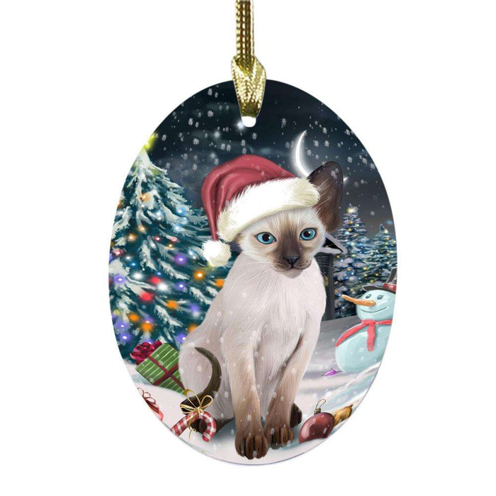 Have a Holly Jolly Christmas Happy Holidays Oriental Blue Point Siamese Cat Oval Glass Christmas Ornament OGOR48313