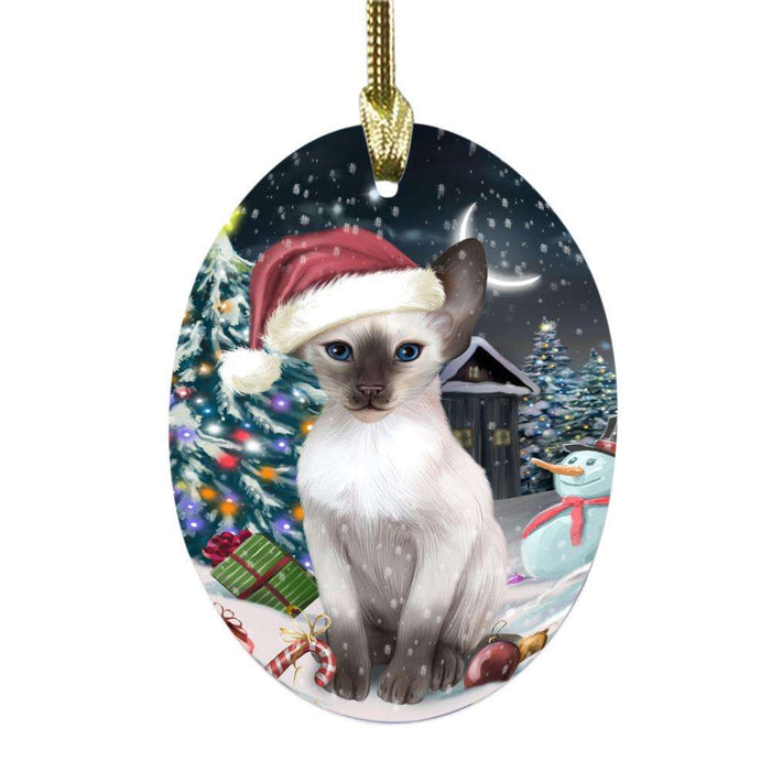 Have a Holly Jolly Christmas Happy Holidays Oriental Blue Point Siamese Cat Oval Glass Christmas Ornament OGOR48314