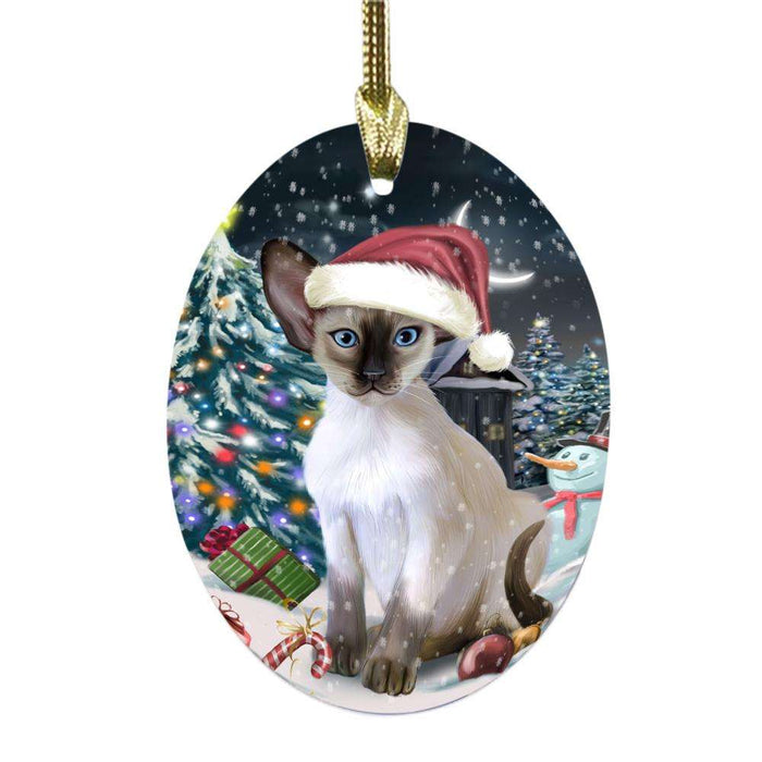 Have a Holly Jolly Christmas Happy Holidays Oriental Blue Point Siamese Cat Oval Glass Christmas Ornament OGOR48315
