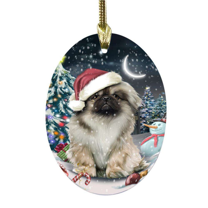 Have a Holly Jolly Christmas Happy Holidays Pekingese Dog Oval Glass Christmas Ornament OGOR48180