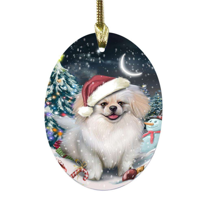 Have a Holly Jolly Christmas Happy Holidays Pekingese Dog Oval Glass Christmas Ornament OGOR48181