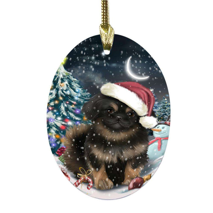 Have a Holly Jolly Christmas Happy Holidays Pekingese Dog Oval Glass Christmas Ornament OGOR48182