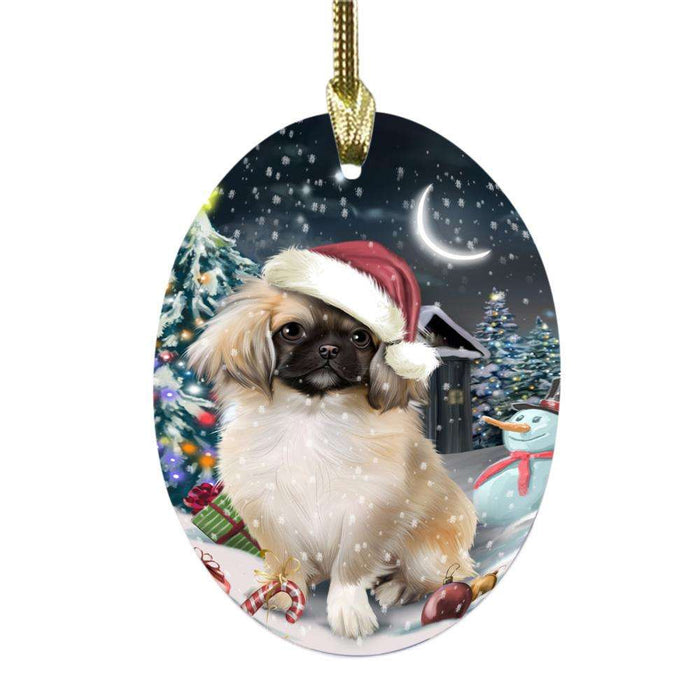 Have a Holly Jolly Christmas Happy Holidays Pekingese Dog Oval Glass Christmas Ornament OGOR48183