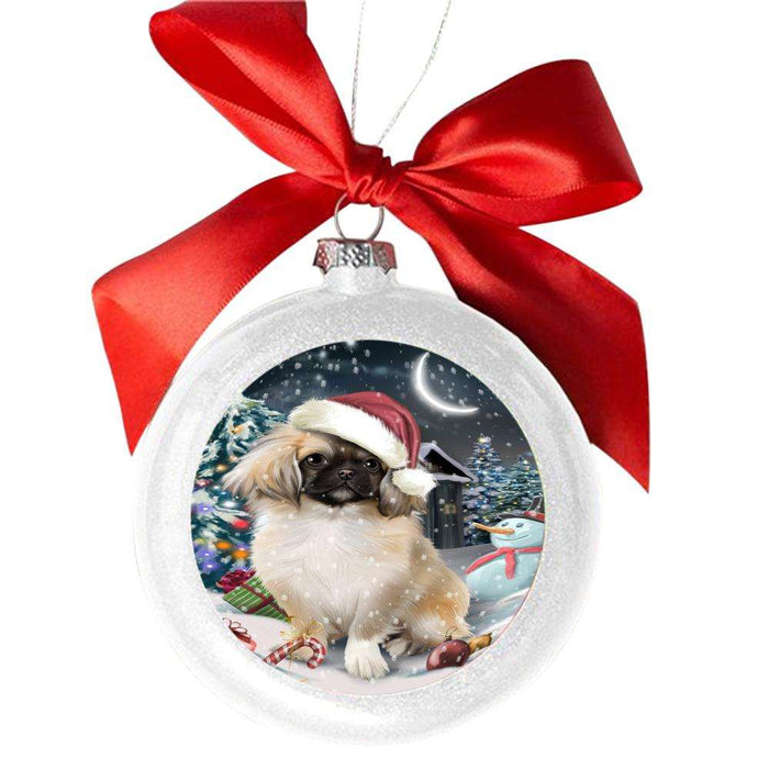 Have a Holly Jolly Christmas Happy Holidays Pekingese Dog White Round Ball Christmas Ornament WBSOR48183