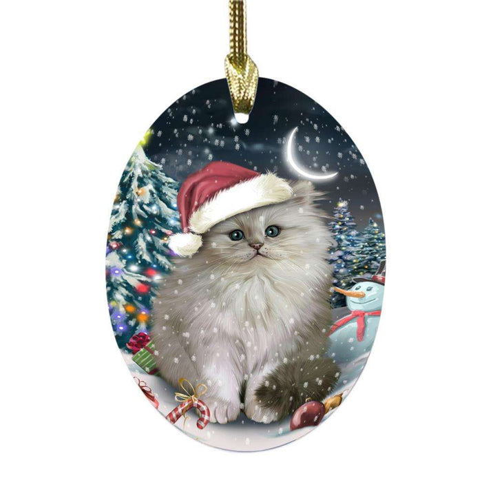 Have a Holly Jolly Christmas Happy Holidays Persian Cat Oval Glass Christmas Ornament OGOR48184