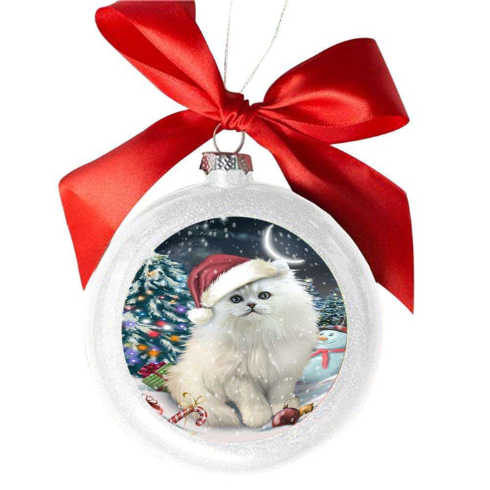 Have a Holly Jolly Christmas Happy Holidays Persian Cat White Round Ball Christmas Ornament WBSOR48185