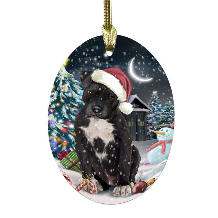 Have a Holly Jolly Christmas Happy Holidays Pit Bull Dog Oval Glass Christmas Ornament OGOR48189