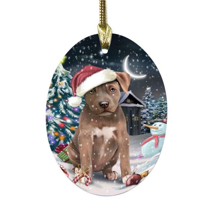 Have a Holly Jolly Christmas Happy Holidays Pit Bull Dog Oval Glass Christmas Ornament OGOR48191