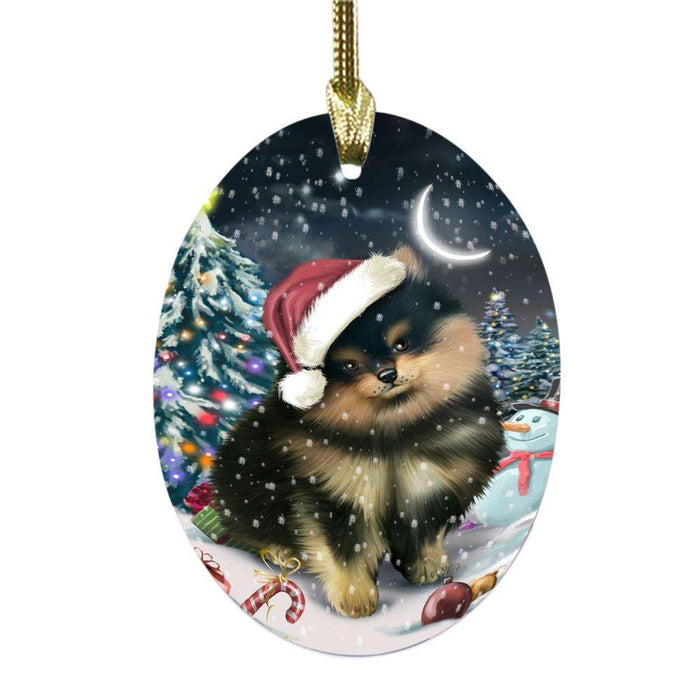 Have a Holly Jolly Christmas Happy Holidays Pomeranian Dog Oval Glass Christmas Ornament OGOR48192