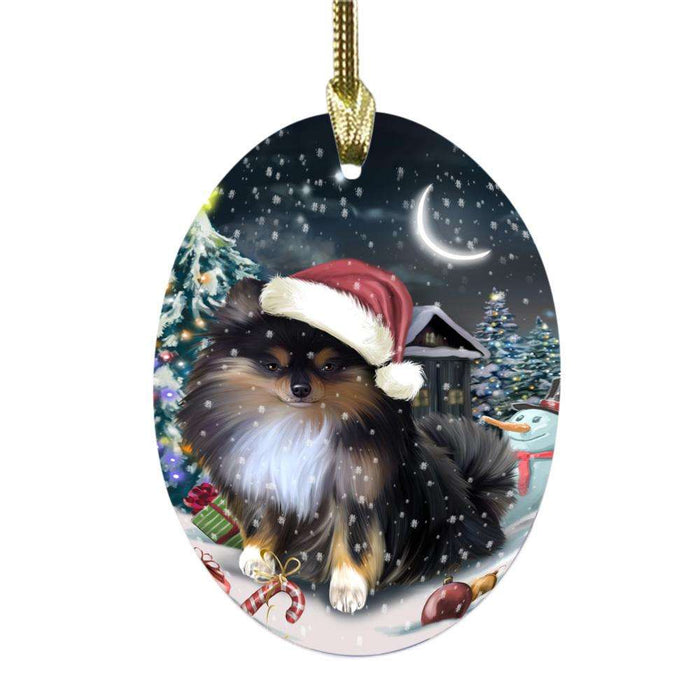 Have a Holly Jolly Christmas Happy Holidays Pomeranian Dog Oval Glass Christmas Ornament OGOR48194