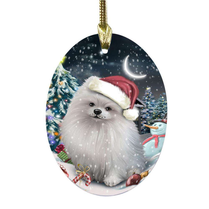 Have a Holly Jolly Christmas Happy Holidays Pomeranian Dog Oval Glass Christmas Ornament OGOR48195
