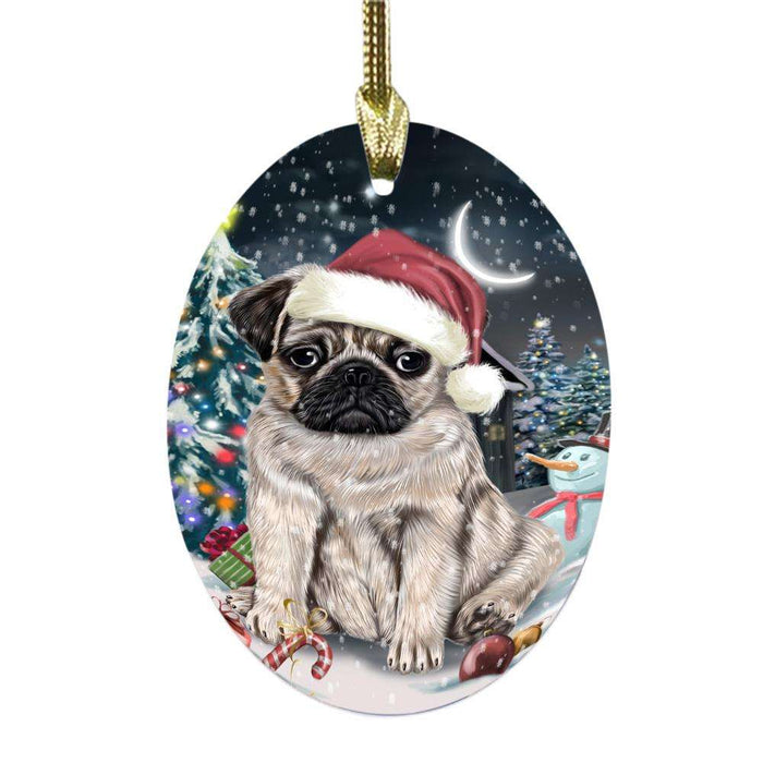 Have a Holly Jolly Christmas Happy Holidays Pug Dog Oval Glass Christmas Ornament OGOR48316
