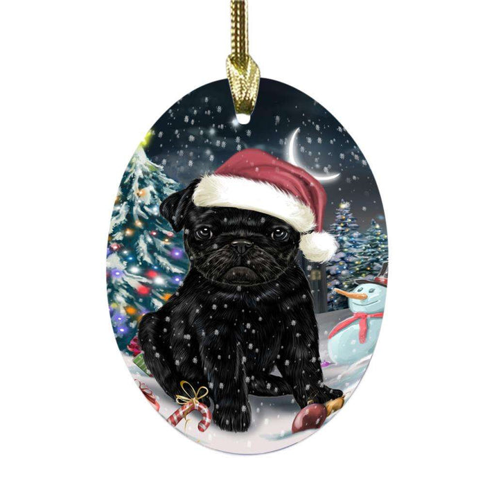 Have a Holly Jolly Christmas Happy Holidays Pug Dog Oval Glass Christmas Ornament OGOR48317