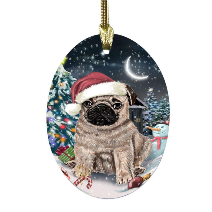 Have a Holly Jolly Christmas Happy Holidays Pug Dog Oval Glass Christmas Ornament OGOR48318