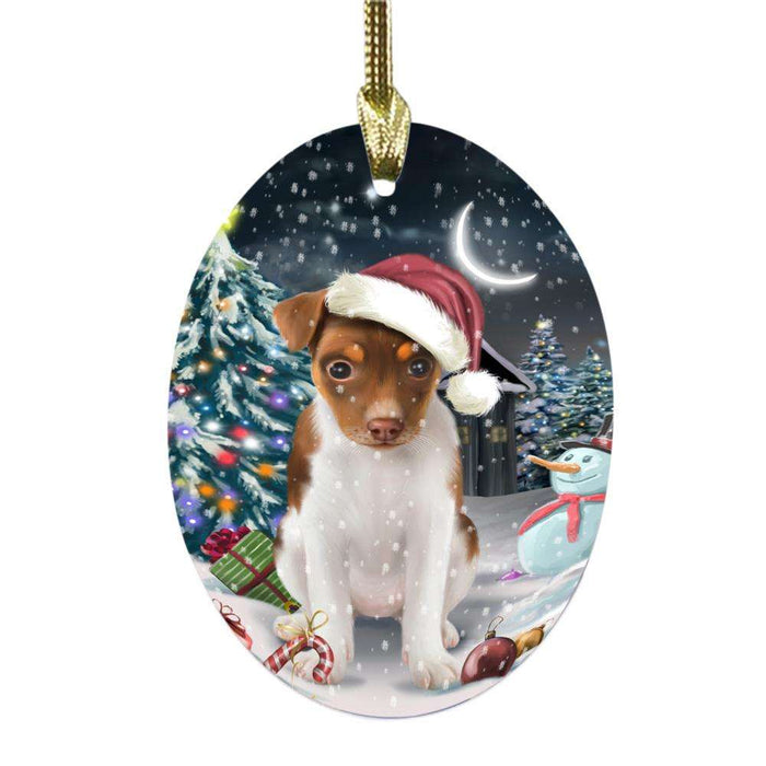 Have a Holly Jolly Christmas Happy Holidays Rat Terrier Dog Oval Glass Christmas Ornament OGOR48201