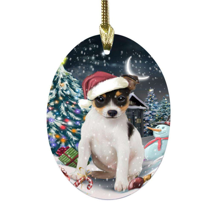 Have a Holly Jolly Christmas Happy Holidays Rat Terrier Dog Oval Glass Christmas Ornament OGOR48202