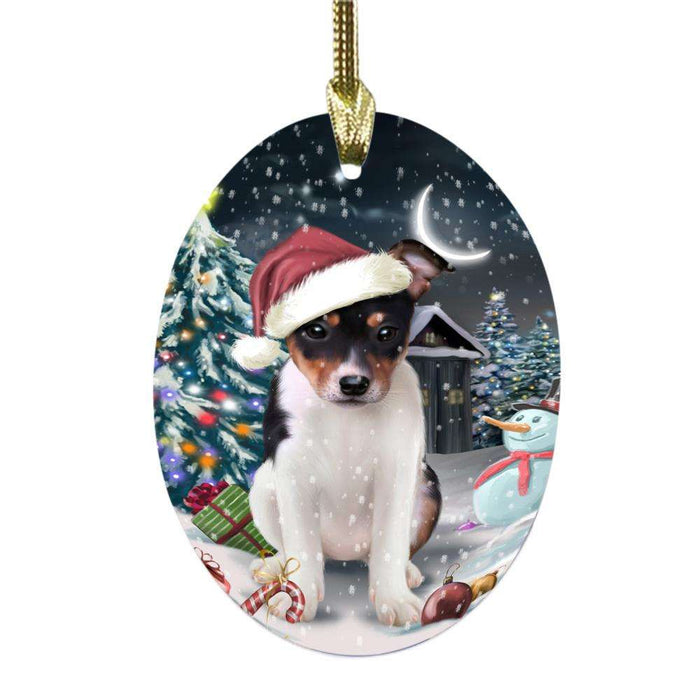 Have a Holly Jolly Christmas Happy Holidays Rat Terrier Dog Oval Glass Christmas Ornament OGOR48203