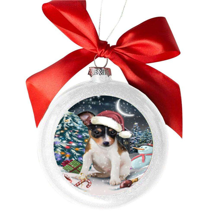 Have a Holly Jolly Christmas Happy Holidays Rat Terrier Dog White Round Ball Christmas Ornament WBSOR48200