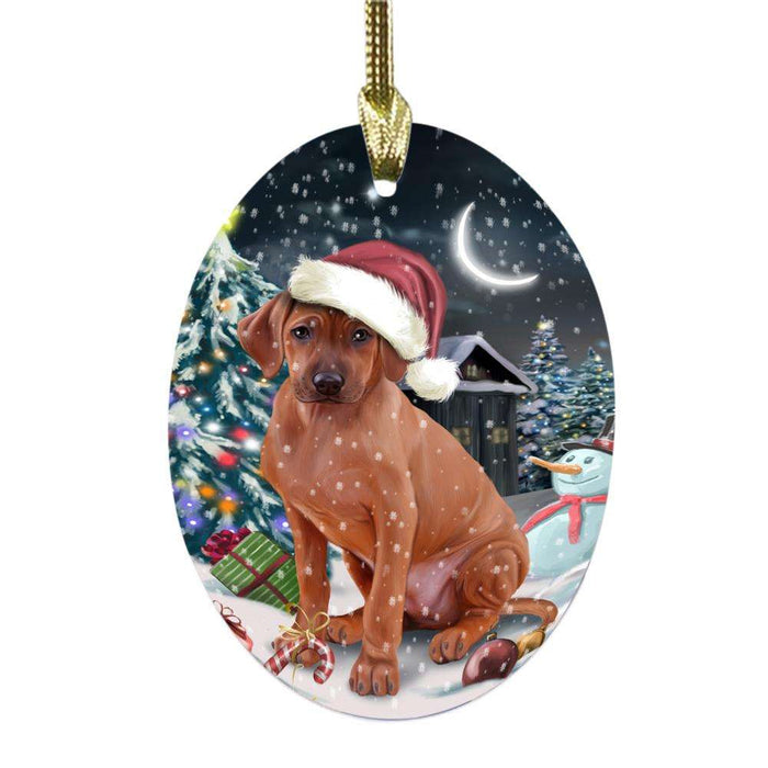 Have a Holly Jolly Christmas Happy Holidays Rhodesian Ridgeback Dog Oval Glass Christmas Ornament OGOR48204