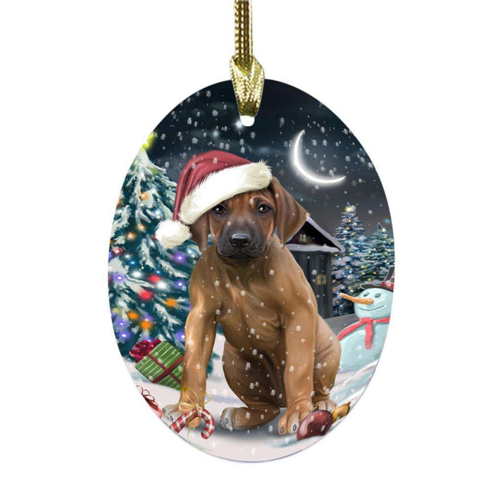 Have a Holly Jolly Christmas Happy Holidays Rhodesian Ridgeback Dog Oval Glass Christmas Ornament OGOR48205