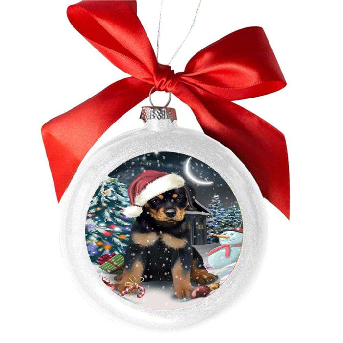 Have a Holly Jolly Christmas Happy Holidays Rottweiler Dog White Round Ball Christmas Ornament WBSOR48209