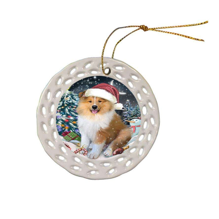 Have a Holly Jolly Christmas Happy Holidays Rough Collie Dog Ceramic Doily Ornament DPOR54248