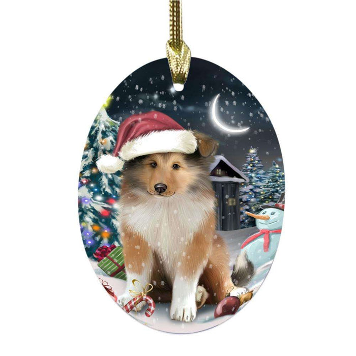Have a Holly Jolly Christmas Happy Holidays Rough Collie Dog Oval Glass Christmas Ornament OGOR48320