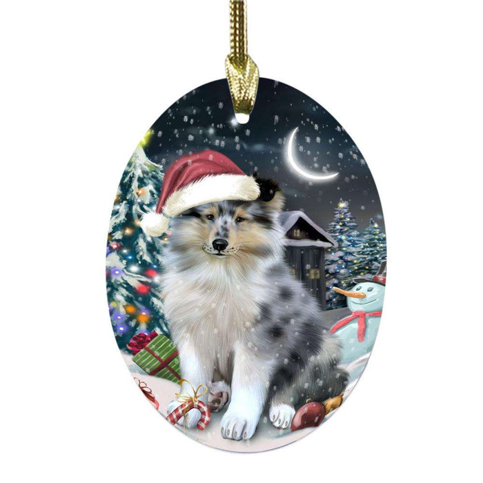 Have a Holly Jolly Christmas Happy Holidays Rough Collie Dog Oval Glass Christmas Ornament OGOR48321