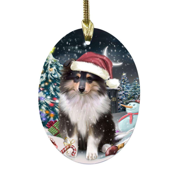 Have a Holly Jolly Christmas Happy Holidays Rough Collie Dog Oval Glass Christmas Ornament OGOR48322
