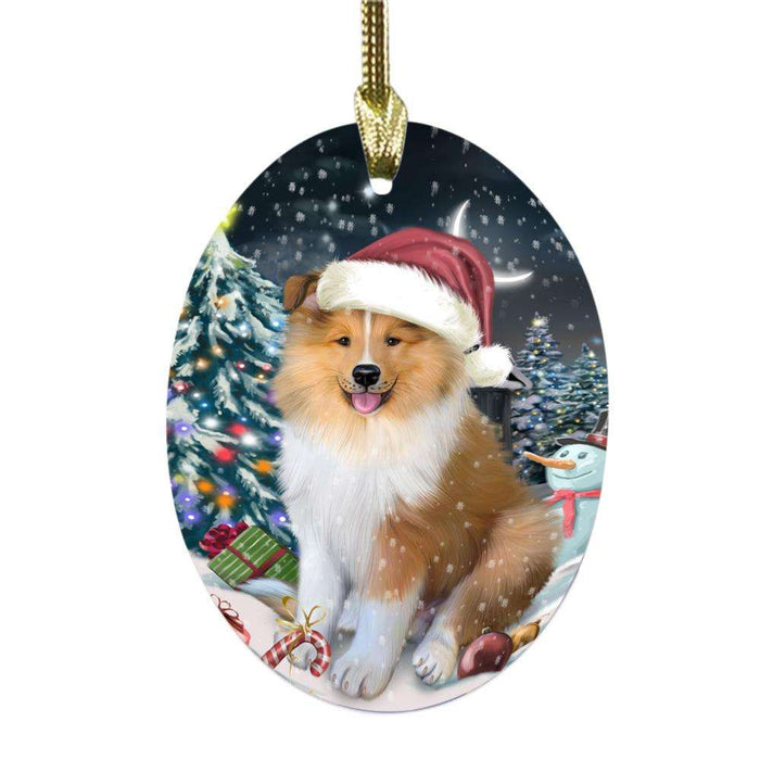 Have a Holly Jolly Christmas Happy Holidays Rough Collie Dog Oval Glass Christmas Ornament OGOR48323