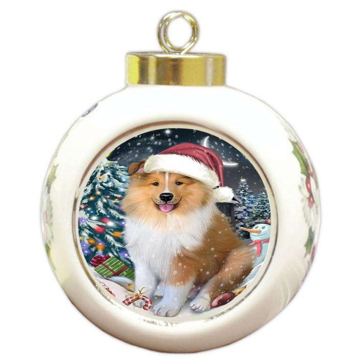 Have a Holly Jolly Christmas Happy Holidays Rough Collie Dog Round Ball Christmas Ornament RBPOR54248