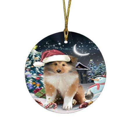 Have a Holly Jolly Christmas Happy Holidays Rough Collie Dog Round Flat Christmas Ornament RFPOR54236