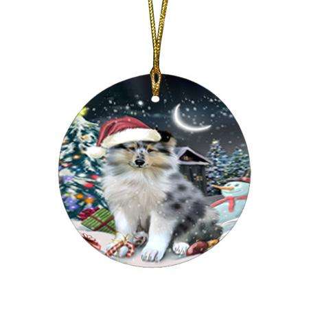 Have a Holly Jolly Christmas Happy Holidays Rough Collie Dog Round Flat Christmas Ornament RFPOR54237
