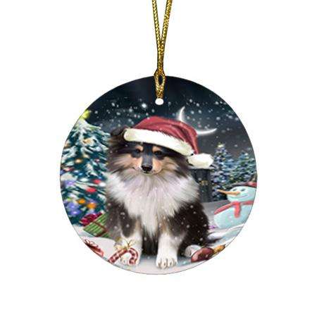 Have a Holly Jolly Christmas Happy Holidays Rough Collie Dog Round Flat Christmas Ornament RFPOR54238