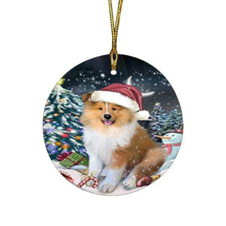 Have a Holly Jolly Christmas Happy Holidays Rough Collie Dog Round Flat Christmas Ornament RFPOR54239